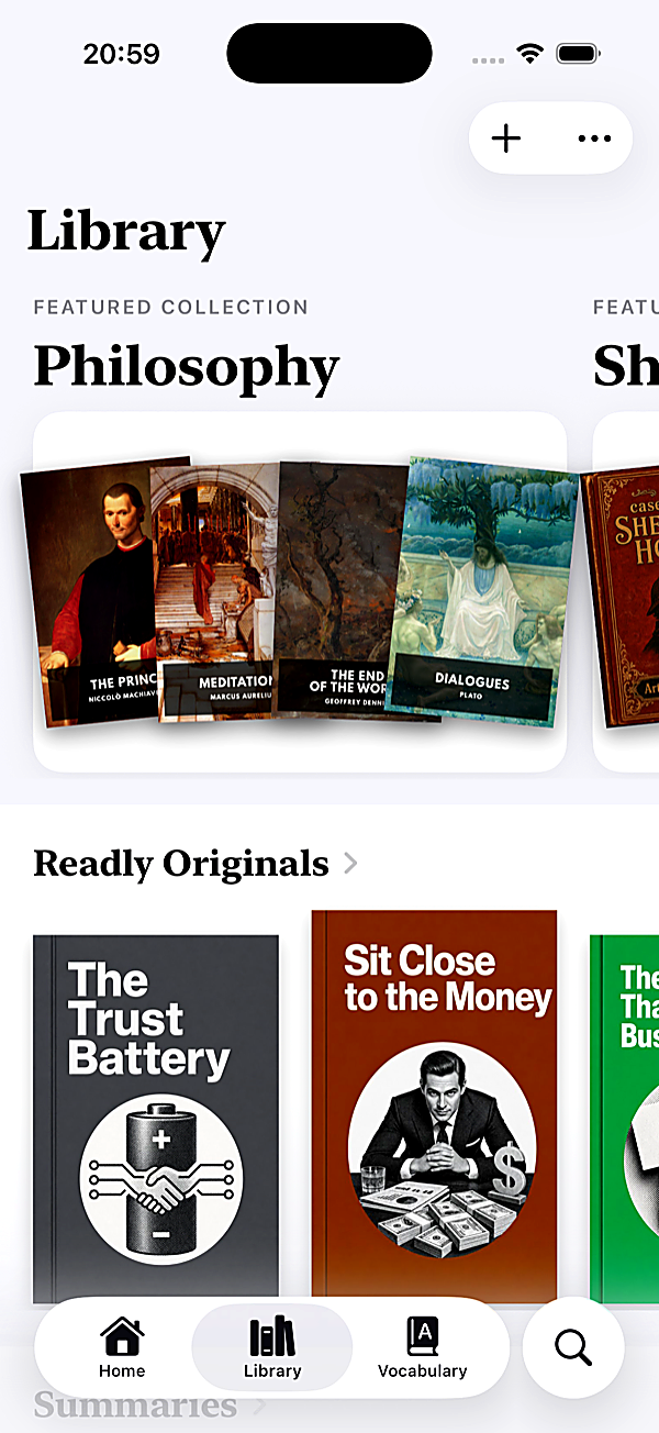 Readly library on iPhone: books grouped into collections and graded by level